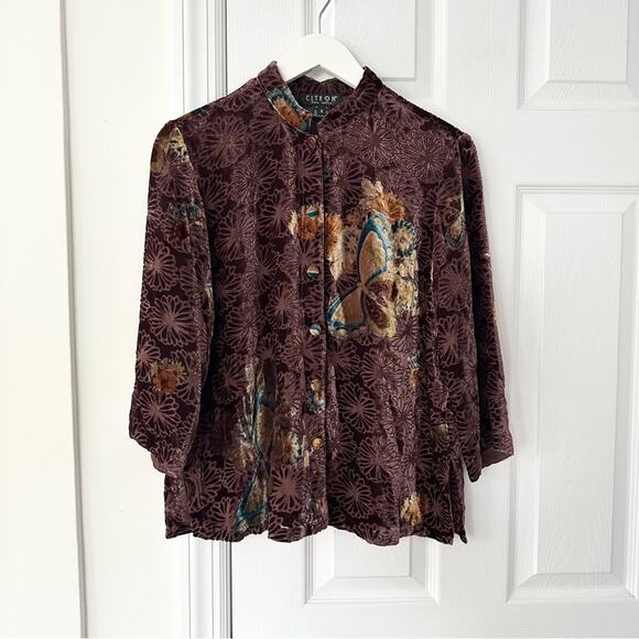 Citron Brown Velvet Butterfly Mandarin Collar Neck Button Up Blouse Small Asian - Picture 1 of 12
